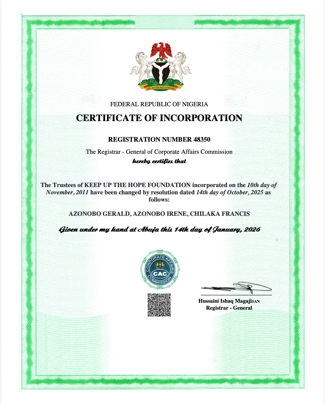 KUTH Foundation CAC Certificate of Incorporation - Reg. No. 48350