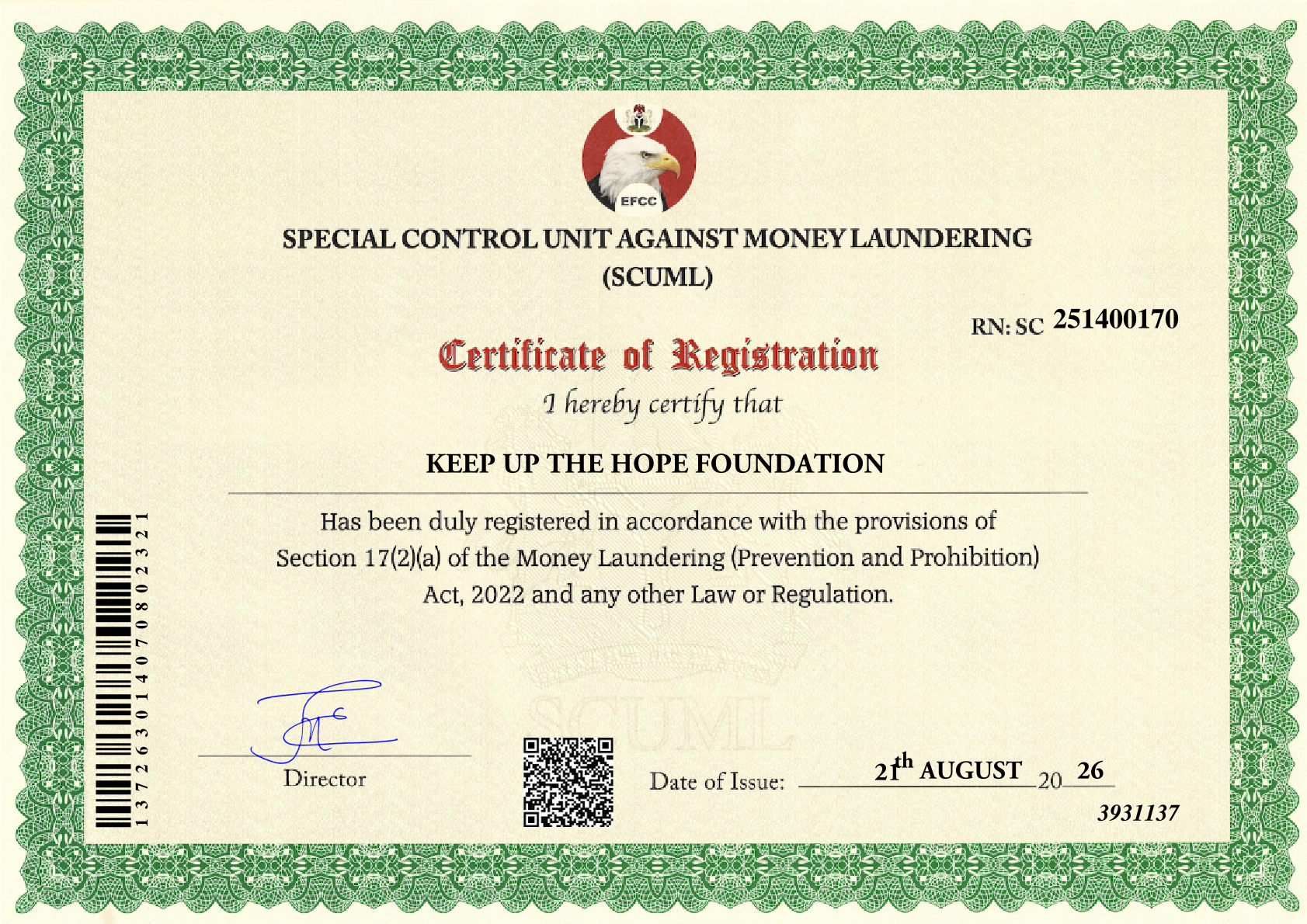 SCUML Certification Certificate