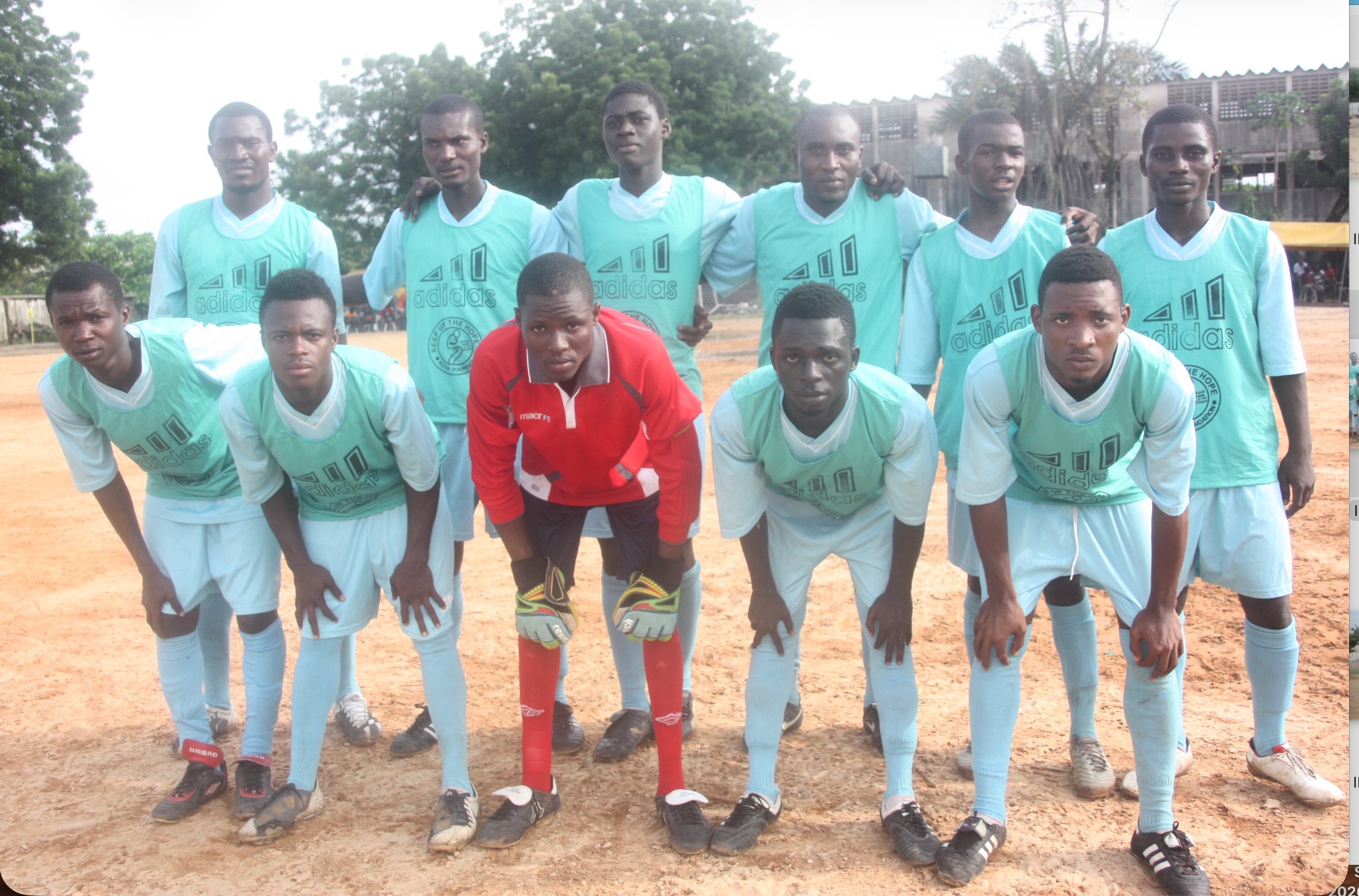 Team in cyan jerseys with goalkeeper